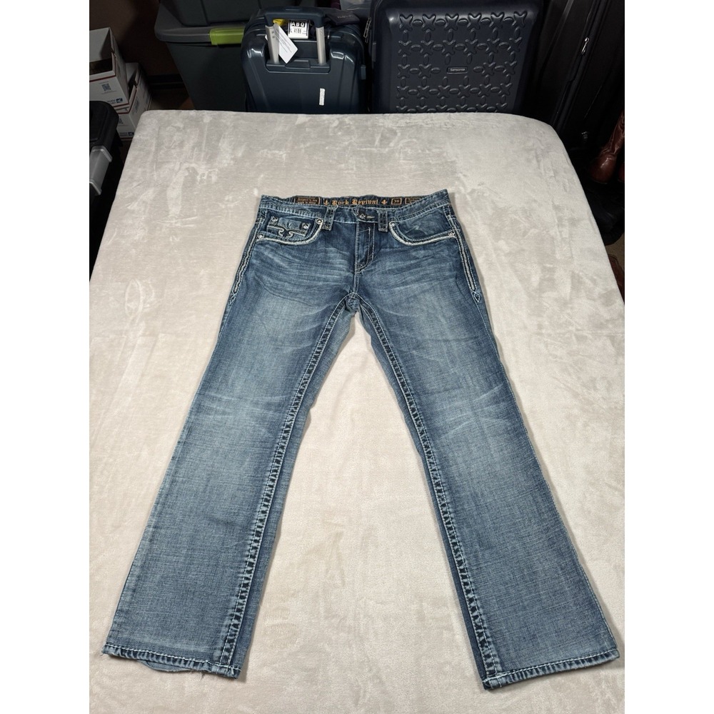 Rock Revival Tucker Boot Jeans Size 36x29 Blue Faded Distressed Bootcut